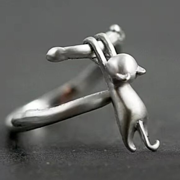 Cat Silver Hanging Ring – Adjustable Silver Animal Lover Jewelry - Picture 1 of 9